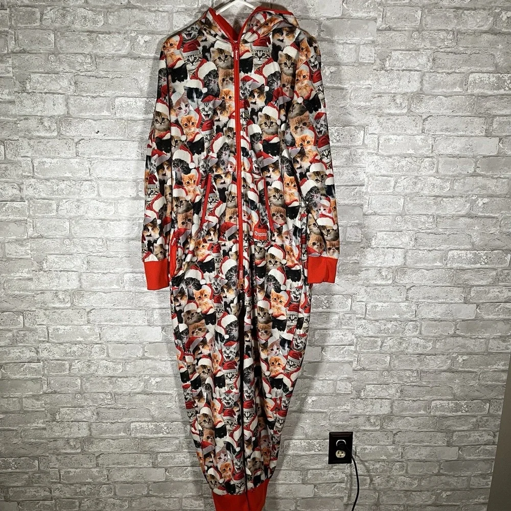 Tipsy Elves Meowy Catmus Jumpsuit Mens Medium Unisex All Over Print Cats Hooded